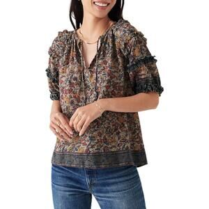 Faherty Multicolor Floral Peasant Blouse - Navy, Rust, Cream